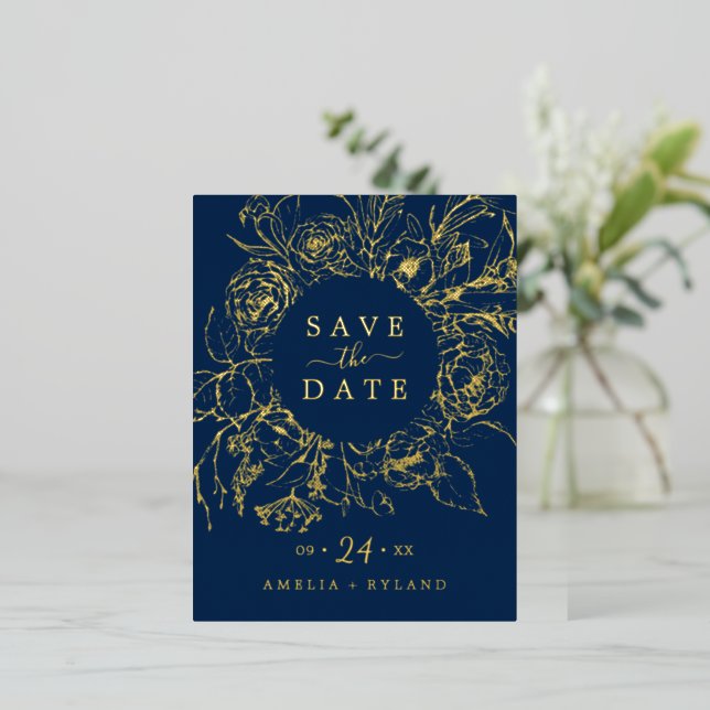 Gilded Floral | Gold Foil Navy Blue Save the Date Foil Invitation Postcard (Standing Front)