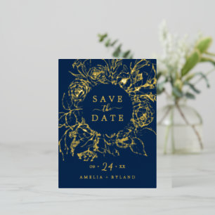 Gilded Floral   Gold Foil Navy Blue Save the Date Invitation Postcard