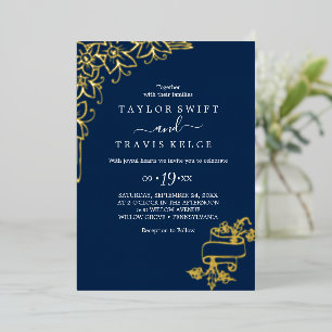 Gilded Floral   Gold Foil Navy Front & Back Weddin