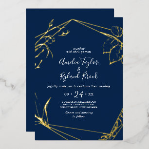 Gilded Floral Gold Foil Navy Front Back Wedding