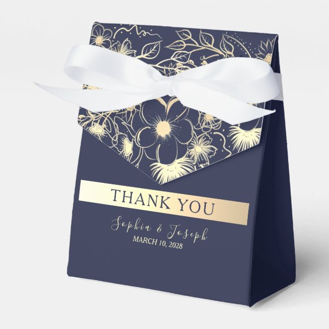 Gilded Floral Gold Navy Blue Wedding Favor Box (Front Side)