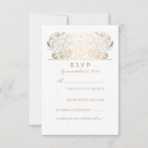 Gilded Floral Grey White Wedding RSVP Card