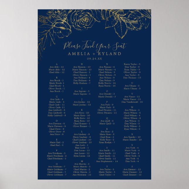 Gilded Floral | Navy Alphabetical Seating Chart (Front)