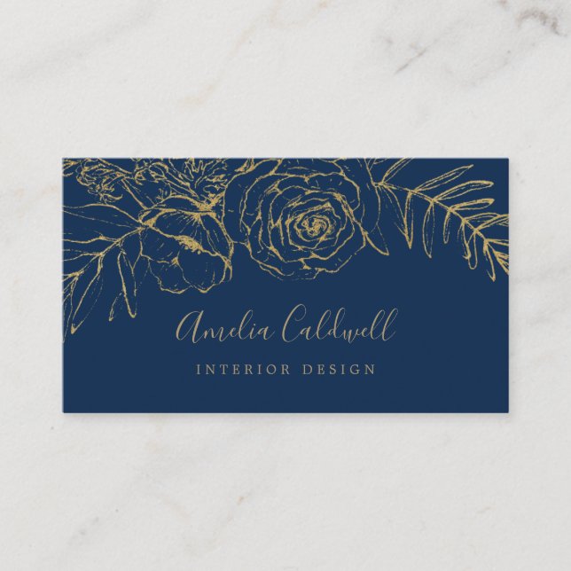 Gilded Floral | Navy Blue and Gold Business Card (Front)