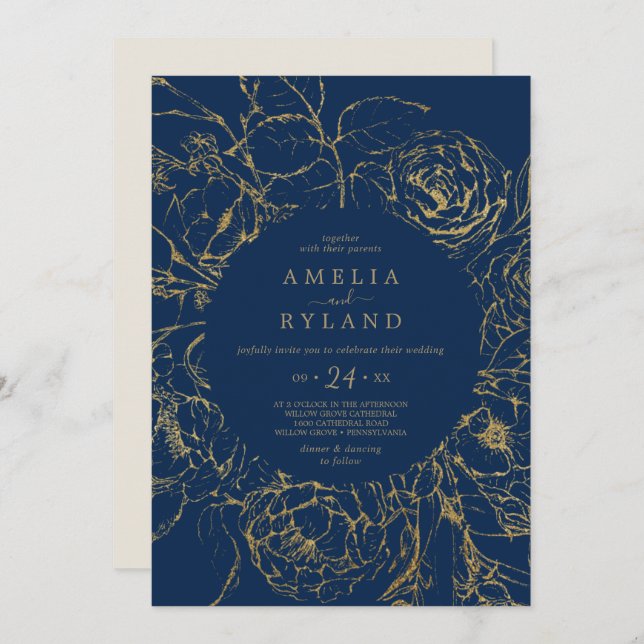 Gilded Floral | Navy Blue and Gold Casual Wedding Invitation (Front/Back)