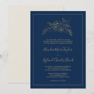 Gilded Floral   Navy Blue and Gold Formal Wedding Invitation