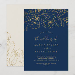 Gilded Floral   Navy Blue and Gold The Wedding Of Invitation