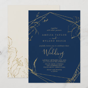 Gilded Floral   Navy Blue and Gold Wedding Invitation