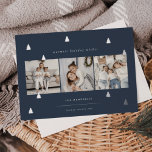 Gilded Forest | Elegant Christmas Photo Collage Foil Holiday Card<br><div class="desc">A modern and elegant Christmas holiday card design featuring three square photos aligned side by side on a navy blue background dotted with silver foil pine trees. Personalize with your custom holiday greeting,  family name,  and the year.</div>