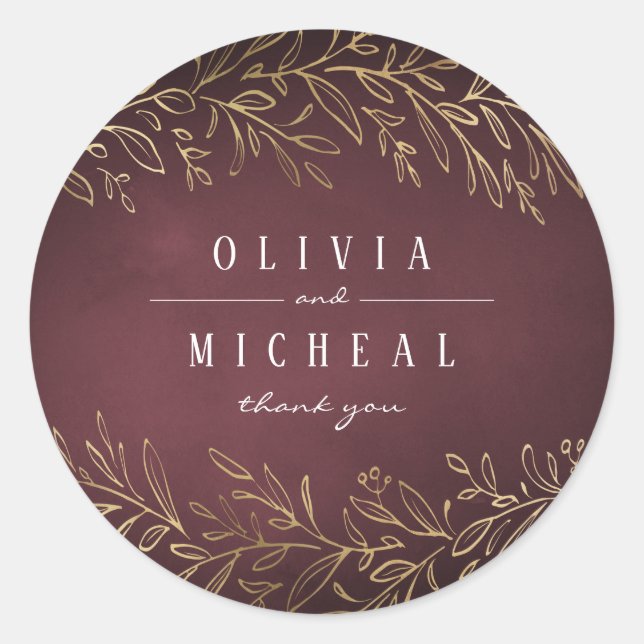 Gilded gold burgundy botanical elegant wedding classic round sticker (Front)