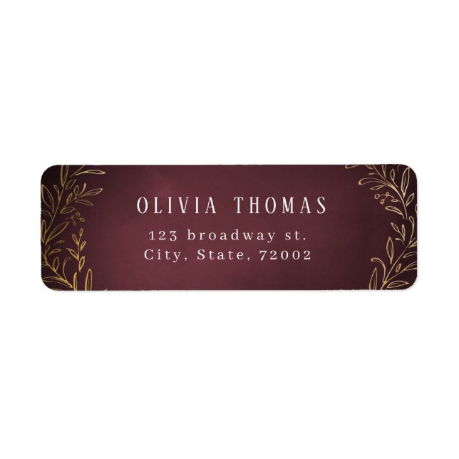 Gilded gold burgundy botanical return address (Front)