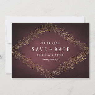 Gilded gold burgundy botanical save the date