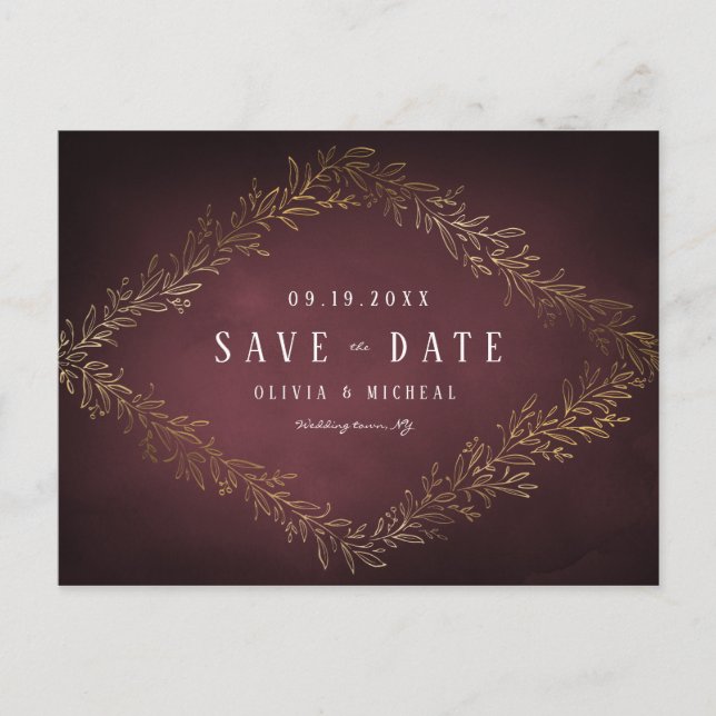 Gilded gold burgundy botanical save the date announcement postcard (Front)
