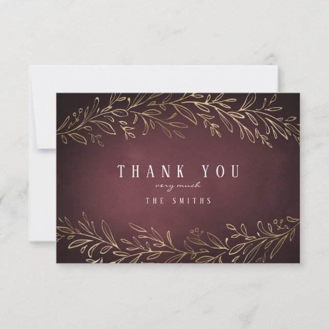 Gilded gold burgundy botanical thank you card (Front)
