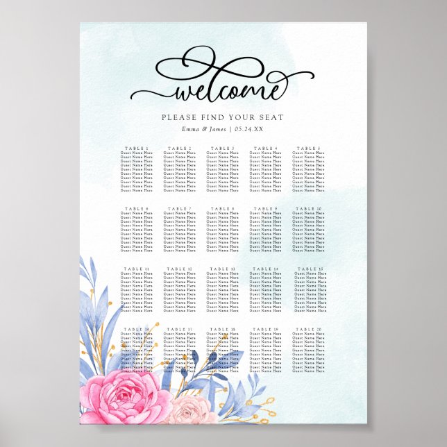 Gilded Gold Pink Rose Wedding Seating Chart (Front)