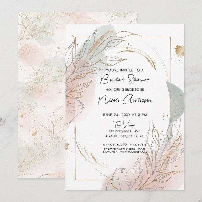 Gilded Gold Sage & Blush Botanical Bridal Shower Invitation (Front/Back)
