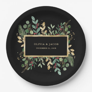 Gilded Greenery Black   Christmas Holiday Paper Plate