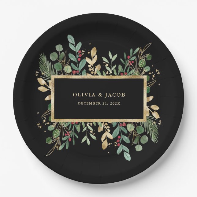 Gilded Greenery Black | Christmas Holiday Paper Plate (Front)