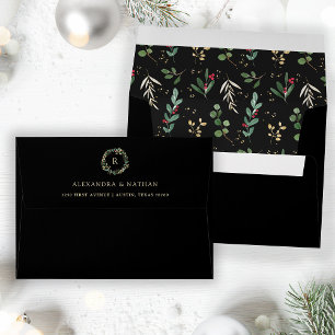 Gilded Greenery Black Christmas Holiday Pattern Envelope