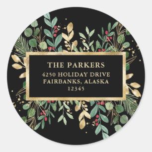 Gilded Greenery Black   Christmas Return Address Classic Round Sticker