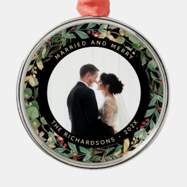 Gilded Greenery Black | Married and Merry Photo Metal Ornament
