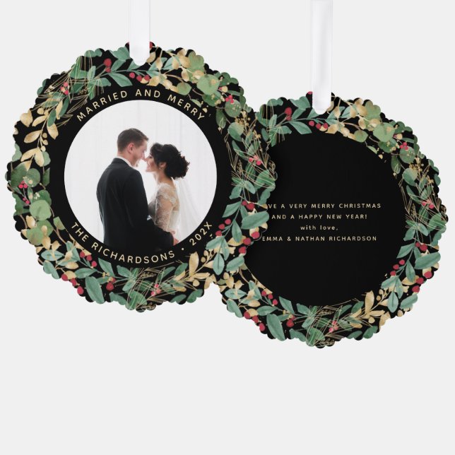 Gilded Greenery Black | Married and Merry Photo Ornament Card (Front/Back)