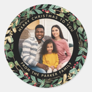 Gilded Greenery Black   Wreath and Photo Christmas Classic Round Sticker