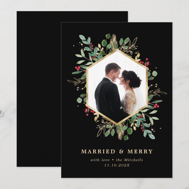 Gilded Greenery Geometric Married and Merry Photo Holiday Card (Front/Back)