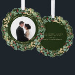 Gilded Greenery Green | Married and Merry Photo Ornament Card<br><div class="desc">This gorgeous newlyweds holiday ornament card features a lush, festive wreath of gold leaves, Christmas greenery, and red holly berries on a modern green background. Your personal wedding photo goes in the centre along with the words "Married and Merry", and there is even a spot for your name and the...</div>