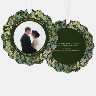 Gilded Greenery Green   Married and Merry Photo Ornament Card