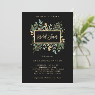 Gilded Greenery on Black Christmas Bridal Shower Invitation