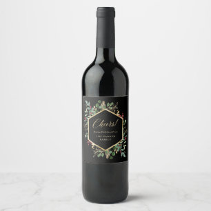 Gilded Greenery on Black Christmas Cheers Wine Label
