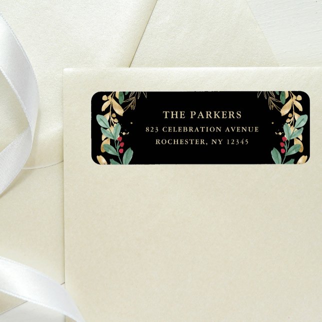 Gilded Greenery on Black Christmas Return Address (Creator Uploaded)