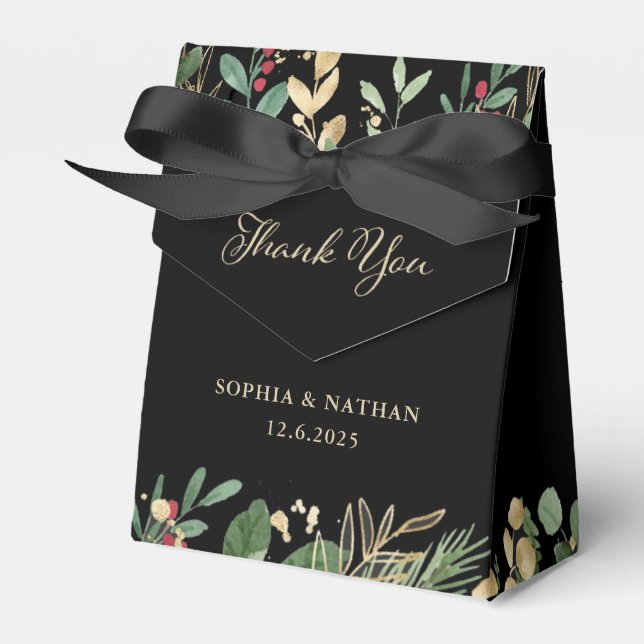 Gilded Greenery on Black | Christmas Wedding Favor Box (Front Side)