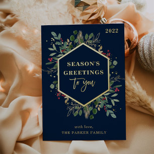 Gilded Greenery on Navy Blue Seasons Greetings Foil Holiday Card