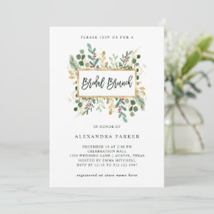 Gilded Greenery on White Christmas Bridal Brunch Invitation