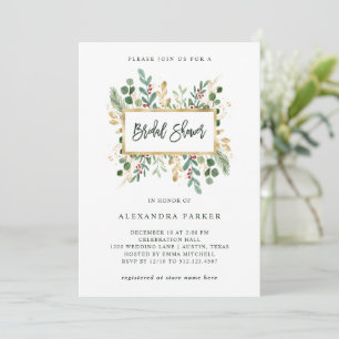 Gilded Greenery on White Christmas Bridal Shower Invitation
