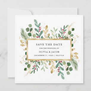 Gilded Greenery on White Christmas Holiday Photo Save The Date