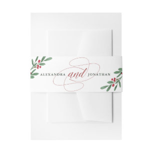 Gilded Greenery on White   Christmas Wedding Invitation Belly Band