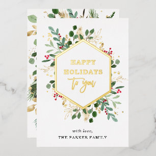 Gilded Greenery on White   Happy Holidays Gold Foil Holiday Card