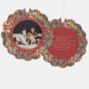 Gilded Greenery Red   Family Photo Christmas Ornament Card
