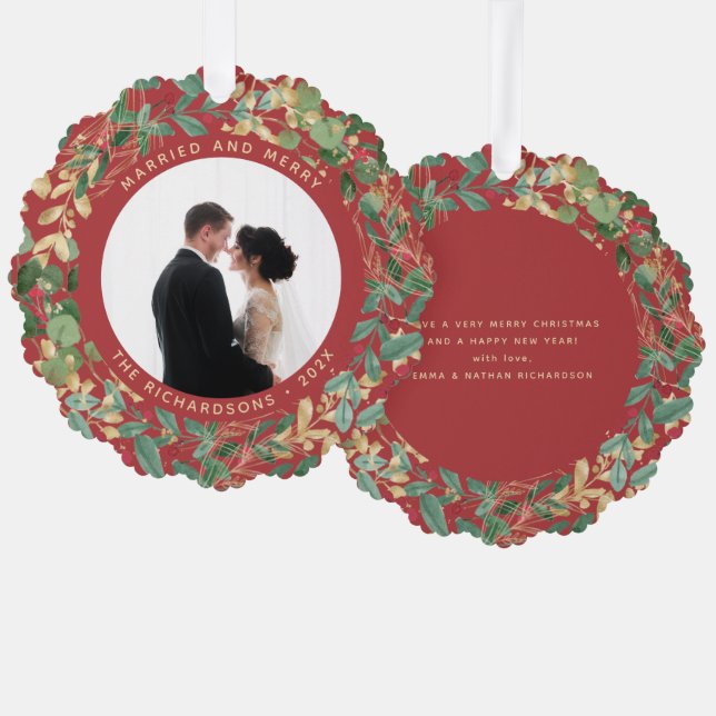 Gilded Greenery Red | Married and Merry Photo Ornament Card (Front/Back)