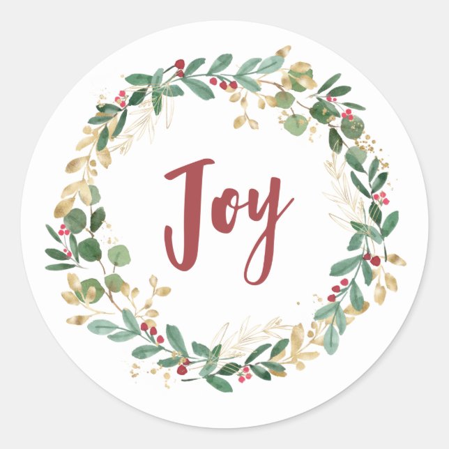 Gilded Greenery White | Gold Christmas Joy Classic Round Sticker (Front)