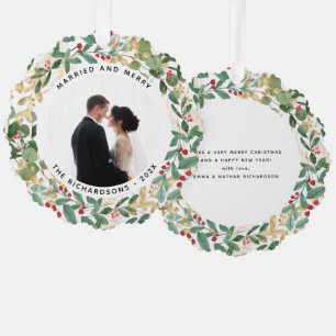 Gilded Greenery White   Married and Merry Photo Ornament Card