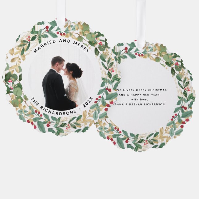 Gilded Greenery White | Married and Merry Photo Ornament Card (Front/Back)