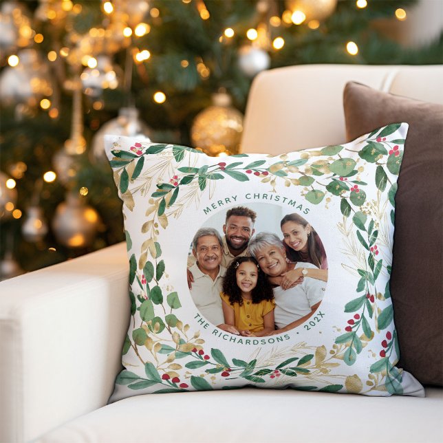 Gilded Greenery White | Merry Christmas with Photo Throw Pillow (An elegant, modern pillow for the holidays with faux gold accents and your family photo)