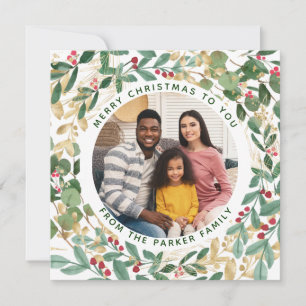 Gilded Greenery White   Wreath and Photo Christmas Holiday Card