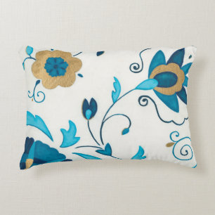 Gilded Indigo Flowers with White Background Accent Pillow