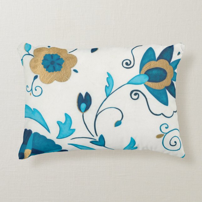 Gilded Indigo Flowers with White Background Accent Pillow (Front)