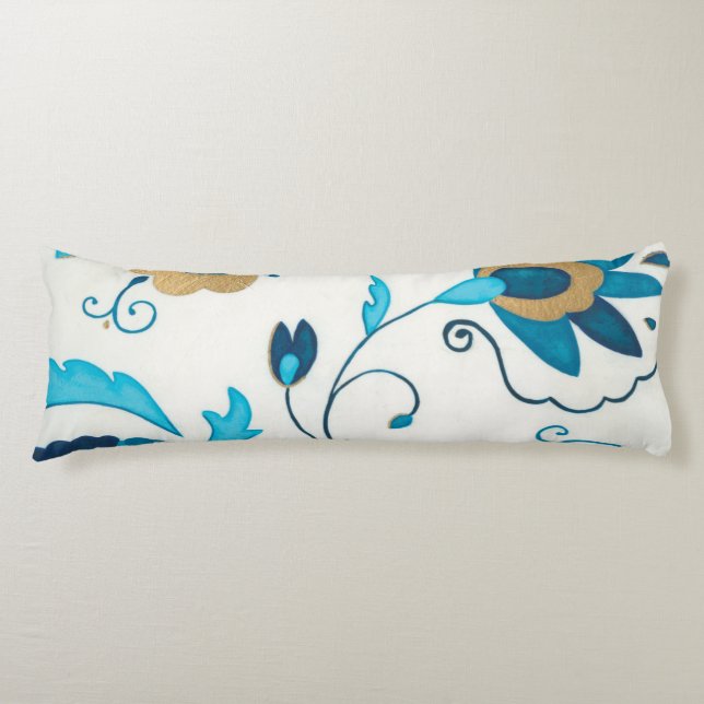 Gilded Indigo Flowers with White Background Body Pillow (Front)